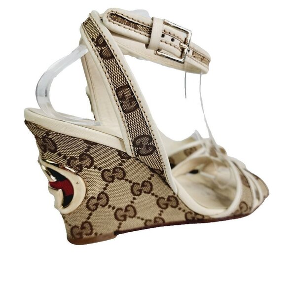 GUCCI Beige GG Canvas Monogram Cross Strap Wedge Ankle Strap Sandal Size 6.5 B - Picture 4 of 16